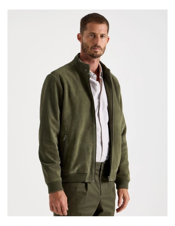 Full Zip Suede Bomber Jacket in Olive image 4