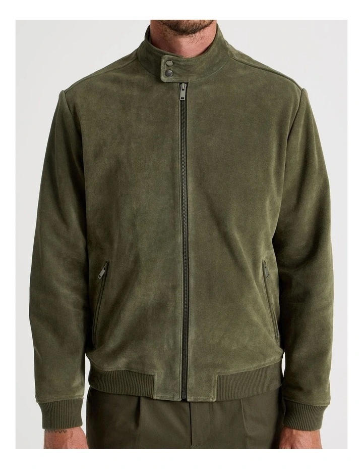 Full Zip Suede Bomber Jacket in Olive image 5