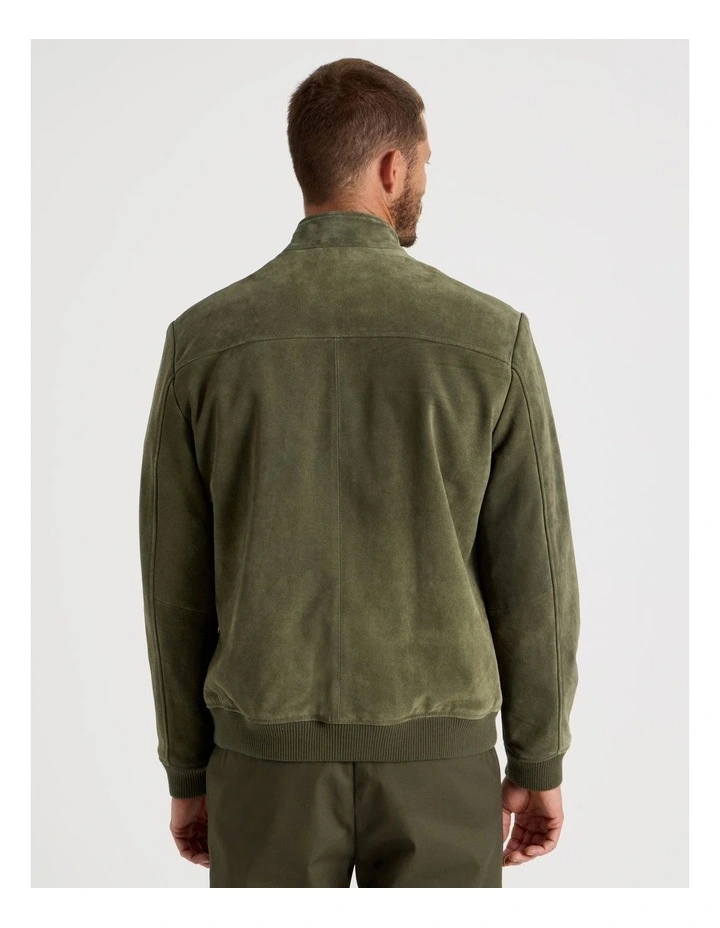 Full Zip Suede Bomber Jacket in Olive image 6
