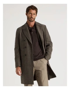 Herringbone Double Breasted Longline Coat in Brown