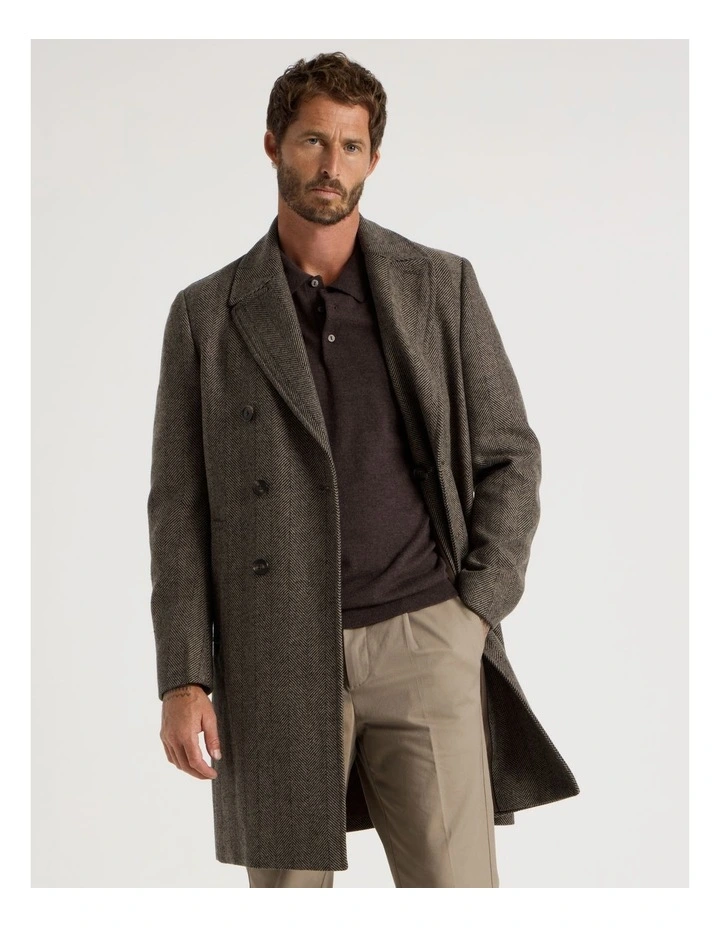 Herringbone Double Breasted Longline Coat in Brown image 1