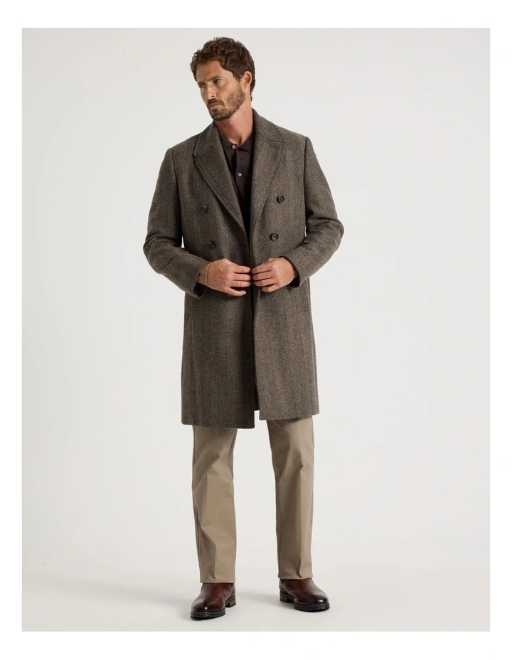 Herringbone Double Breasted Longline Coat in Brown image 2