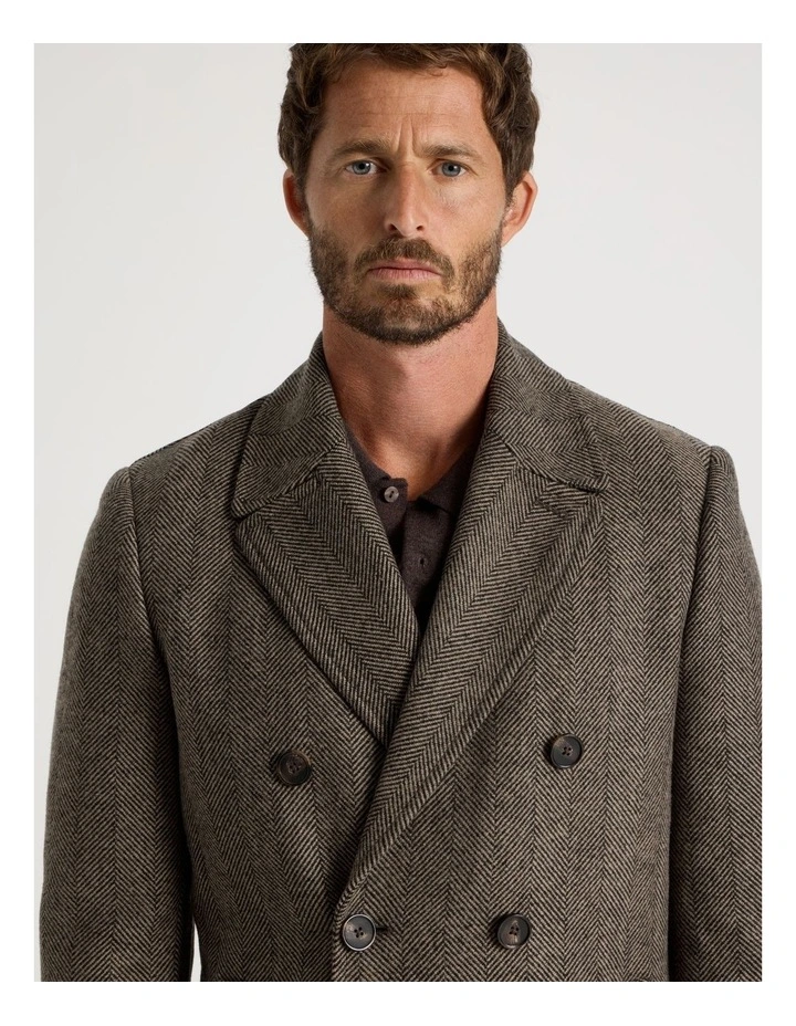 Herringbone Double Breasted Longline Coat in Brown image 3