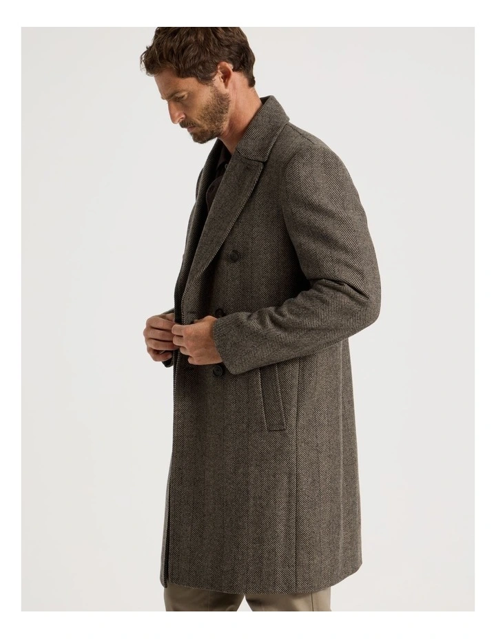 Herringbone Double Breasted Longline Coat in Brown image 4
