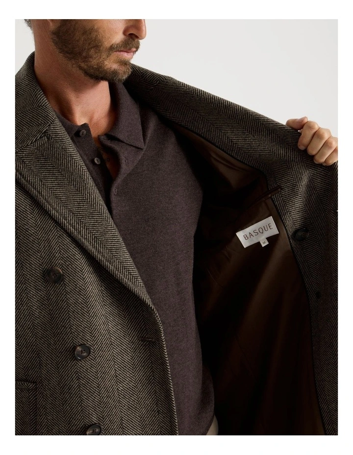 Herringbone Double Breasted Longline Coat in Brown image 5