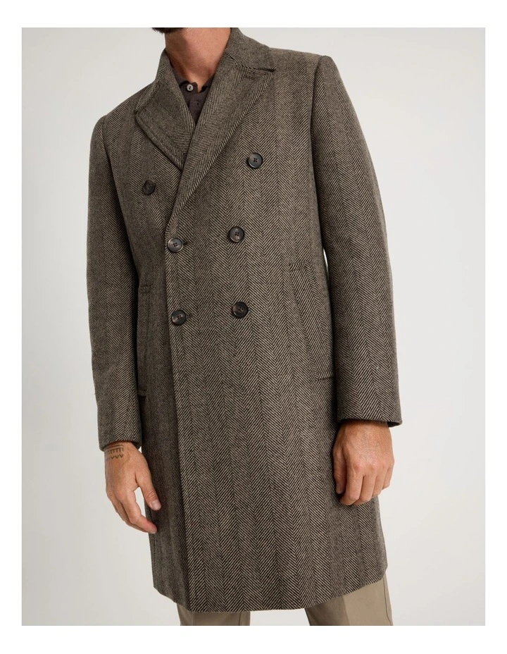 Herringbone Double Breasted Longline Coat in Brown image 7