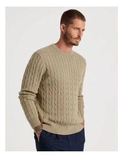 Crew Neck Cable Knit Sweater in Sand