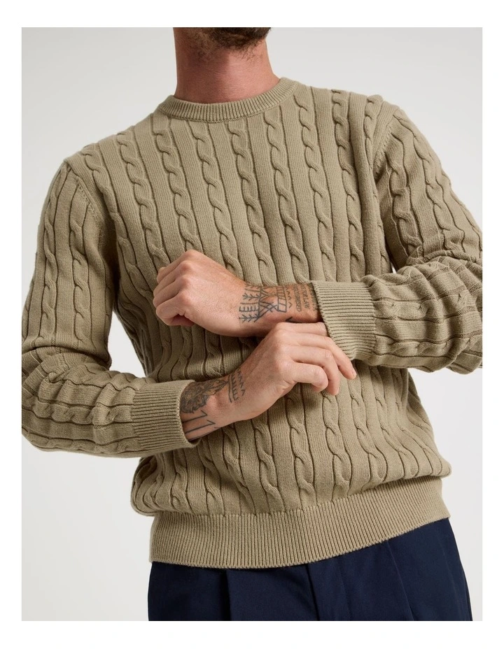 Crew Neck Cable Knit Sweater in Sand image 2