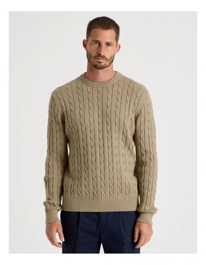 Crew Neck Cable Knit Sweater in Sand image 3