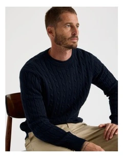 Crew Neck Cable Knit Sweater in Navy