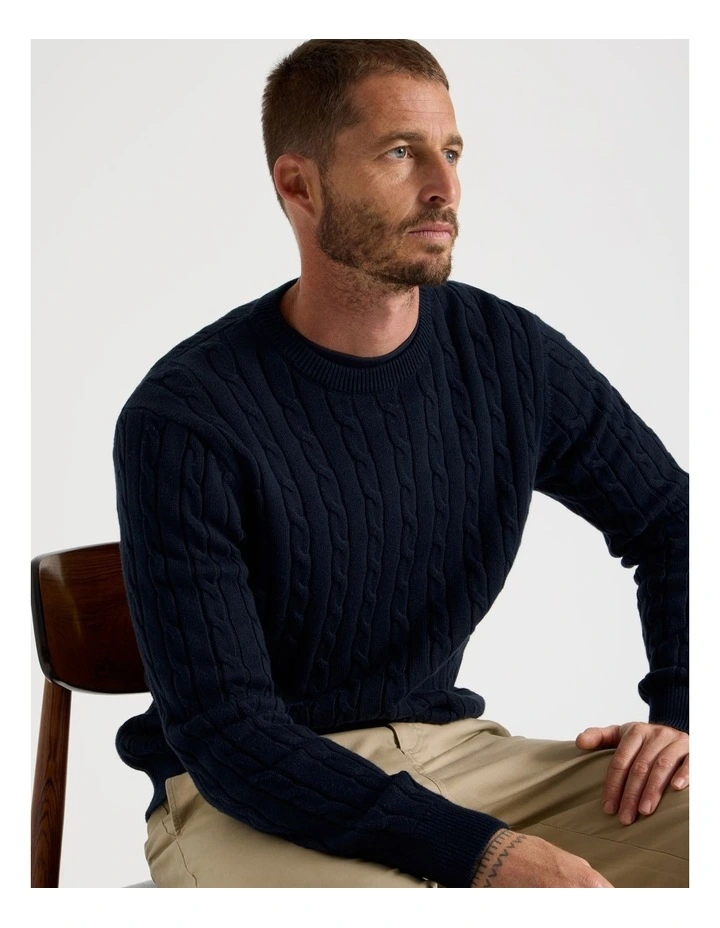 Crew Neck Cable Knit Sweater in Navy image 1