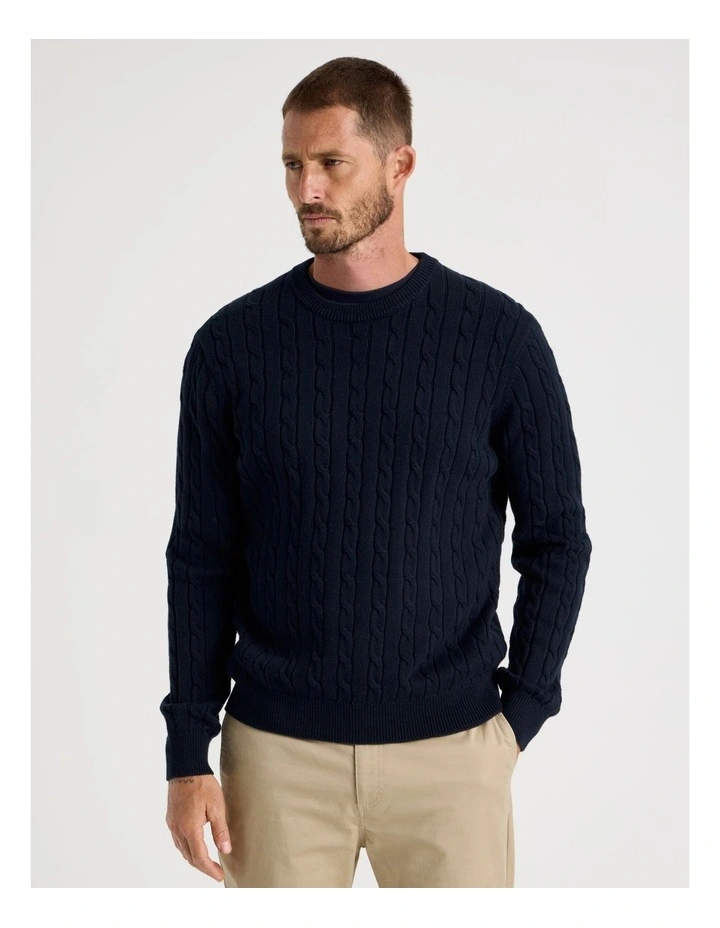 Crew Neck Cable Knit Sweater in Navy image 2