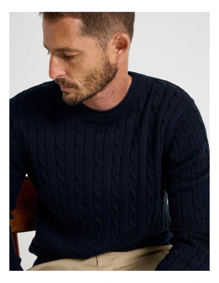Crew Neck Cable Knit Sweater in Navy image 4