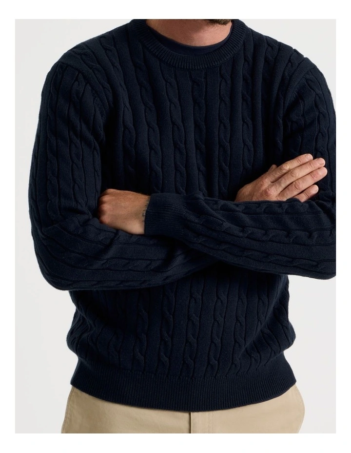 Crew Neck Cable Knit Sweater in Navy image 5