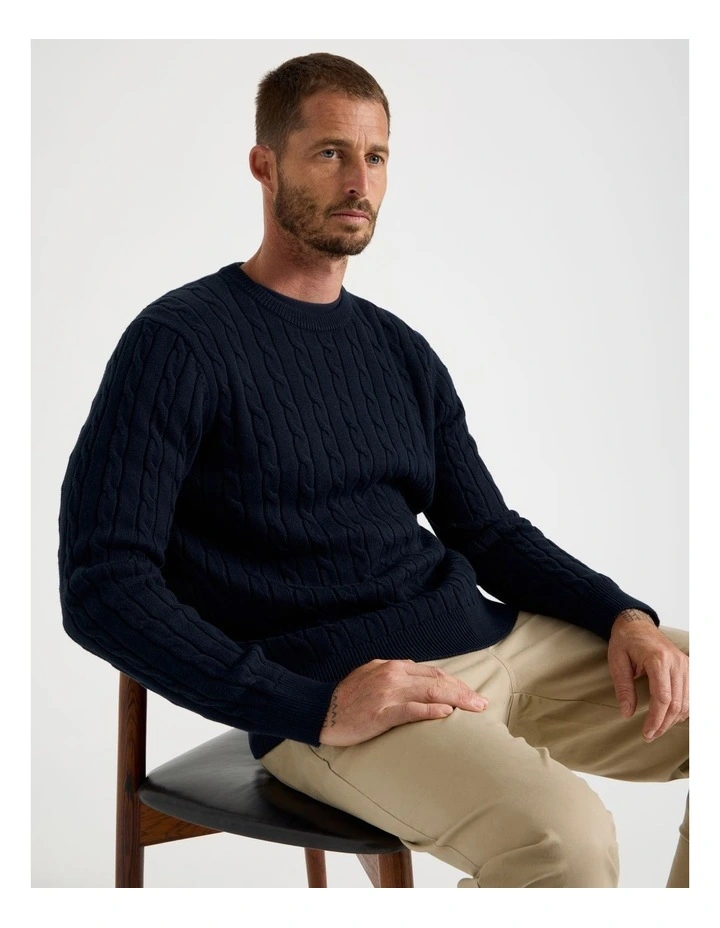 Crew Neck Cable Knit Sweater in Navy image 7