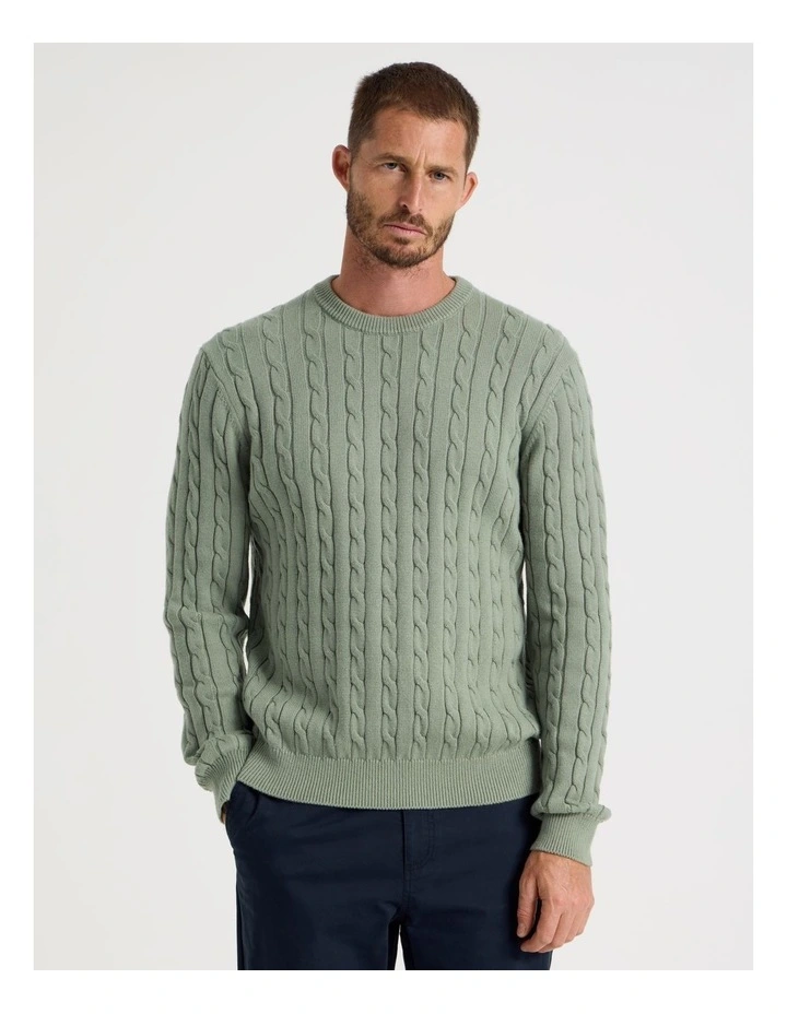 Crew Neck Cable Knit Sweater in Light Green image 1