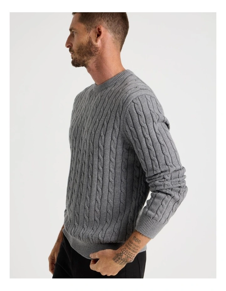 Crew Neck Cable Knit Sweater in Grey Marle image 2