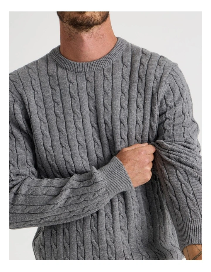 Crew Neck Cable Knit Sweater in Grey Marle image 4