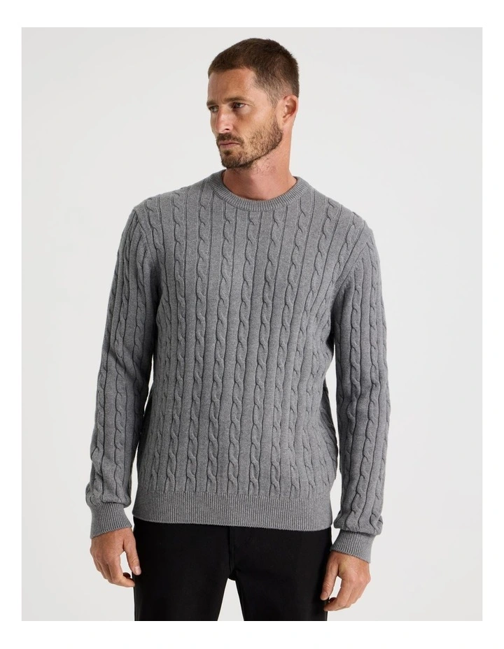 Crew Neck Cable Knit Sweater in Grey Marle image 5