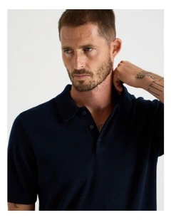 Short Sleeve Merino Knit Polo in Navy