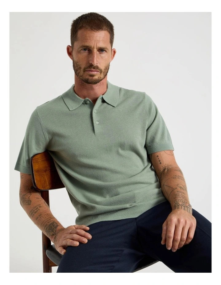 Short Sleeve Merino Knit Polo in Light Green image 3