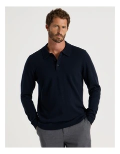 Australian Merino Long Sleeve Polo in Navy