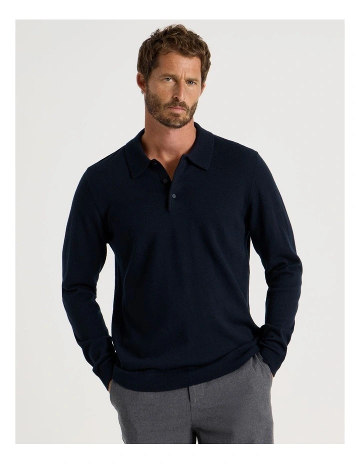 Australian Merino Long Sleeve Polo in Navy image 1