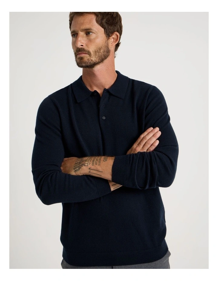 Australian Merino Long Sleeve Polo in Navy image 2
