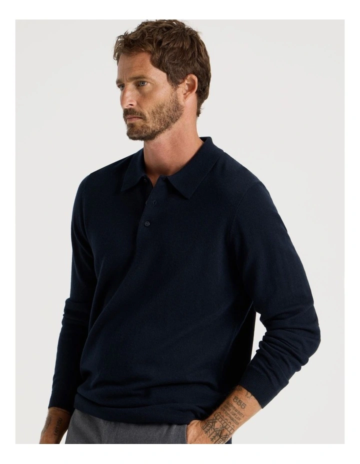 Australian Merino Long Sleeve Polo in Navy image 5