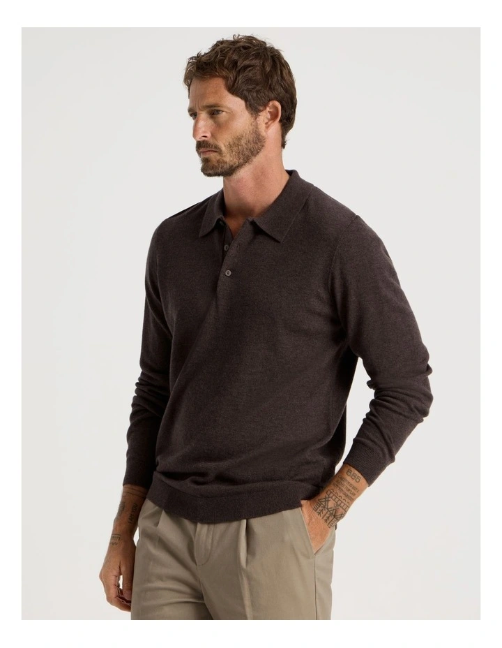 Australian Merino Long Sleeve Polo in Brown image 1