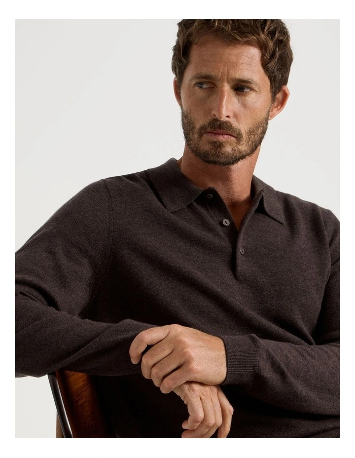 Australian Merino Long Sleeve Polo in Brown image 2