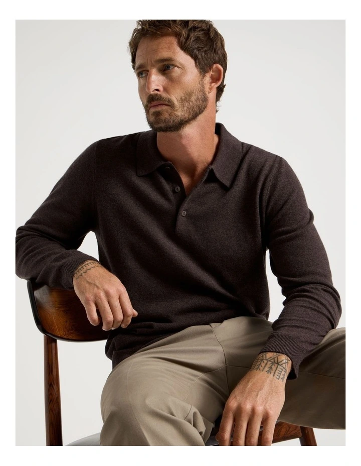 Australian Merino Long Sleeve Polo in Brown image 3