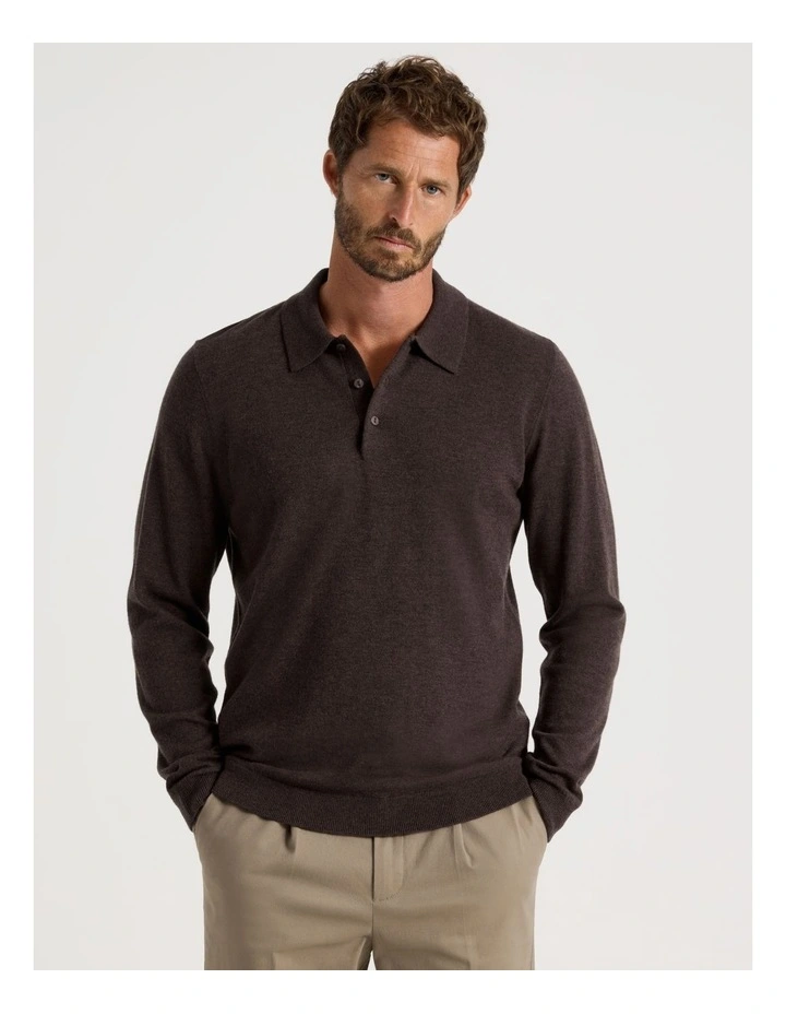 Australian Merino Long Sleeve Polo in Brown image 5