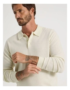 Australian Merino Long Sleeve Polo in Ecru