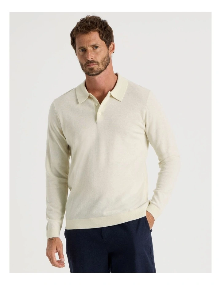 Australian Merino Long Sleeve Polo in Ecru image 2