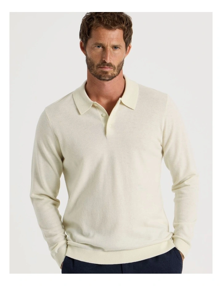 Australian Merino Long Sleeve Polo in Ecru image 5
