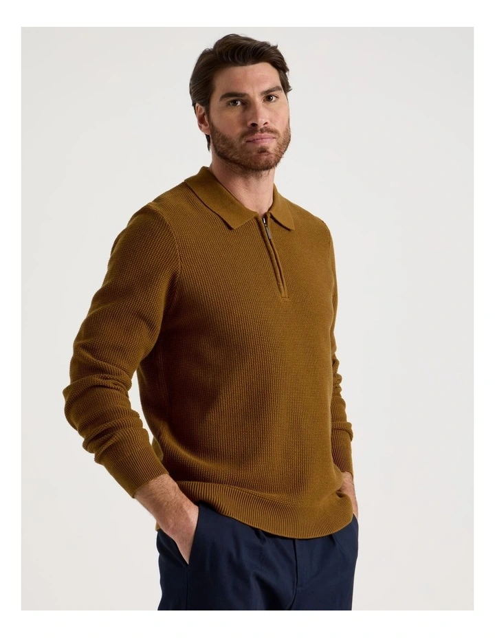 Waffle Knit Quarter Zip Sweater in Caramel image 1