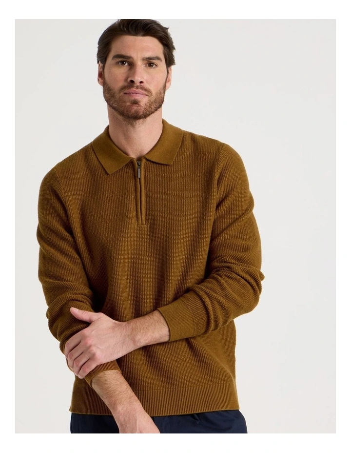 Waffle Knit Quarter Zip Sweater in Caramel image 3