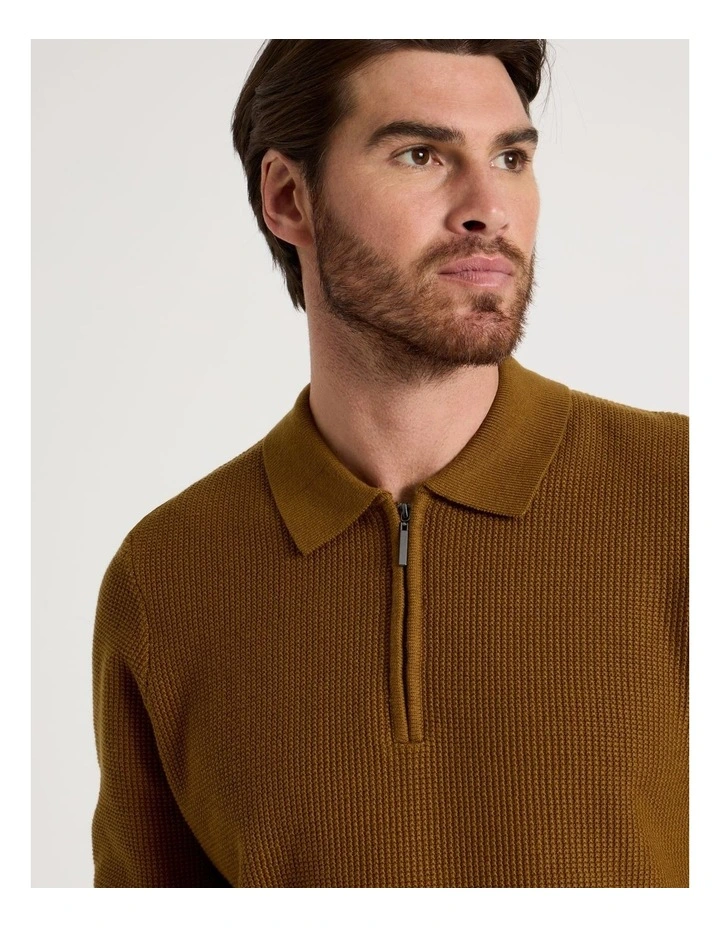 Waffle Knit Quarter Zip Sweater in Caramel image 4