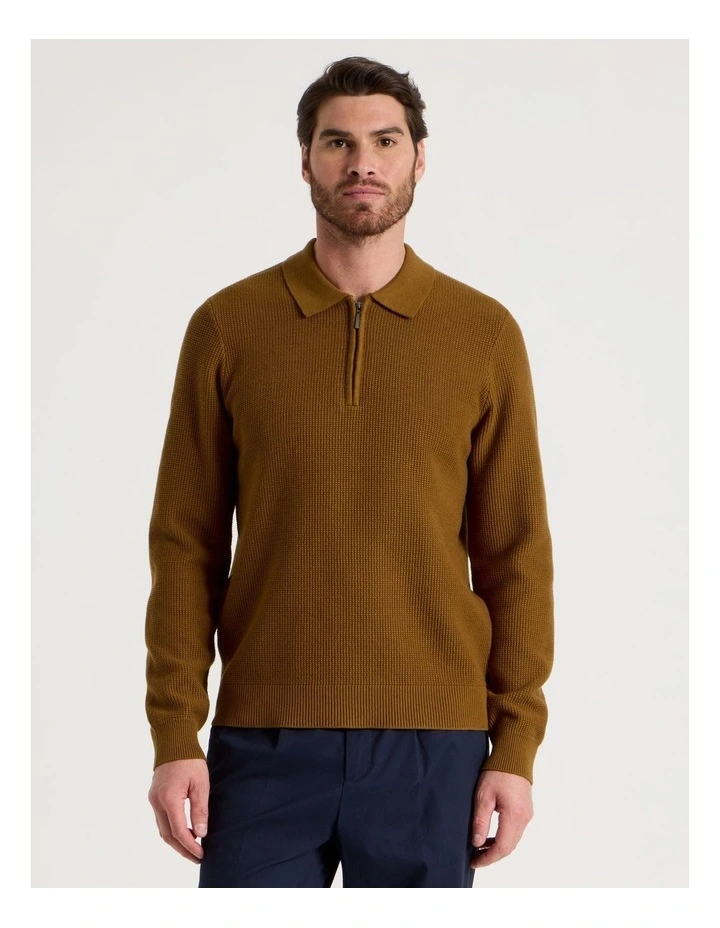 Waffle Knit Quarter Zip Sweater in Caramel image 5
