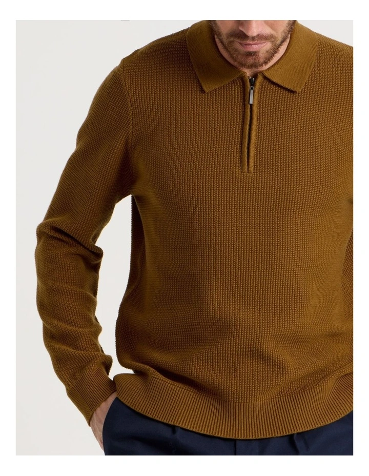 Waffle Knit Quarter Zip Sweater in Caramel image 7