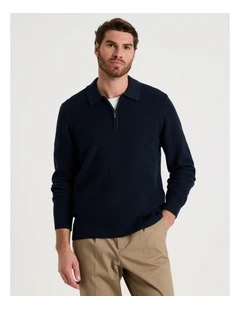 Waffle Knit Quarter Zip Sweater in Navy