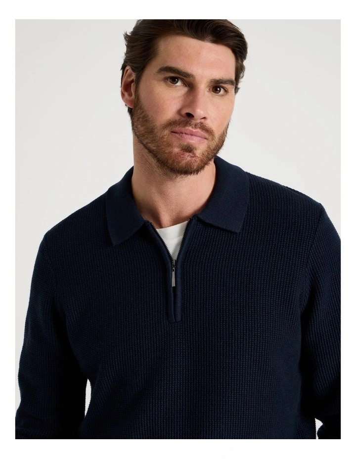 Waffle Knit Quarter Zip Sweater in Navy image 2
