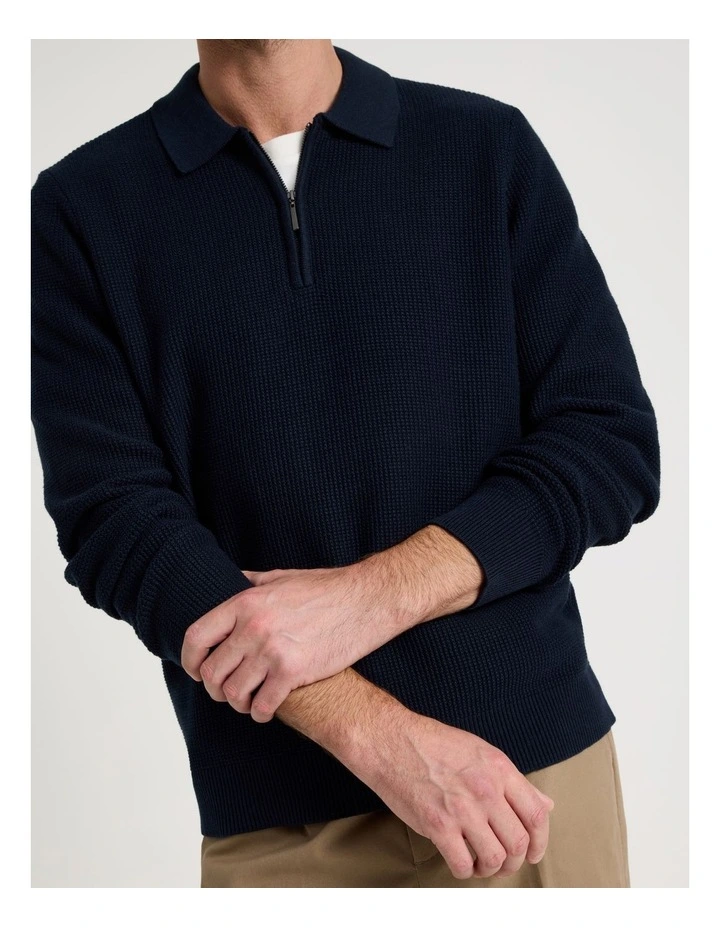 Waffle Knit Quarter Zip Sweater in Navy image 4