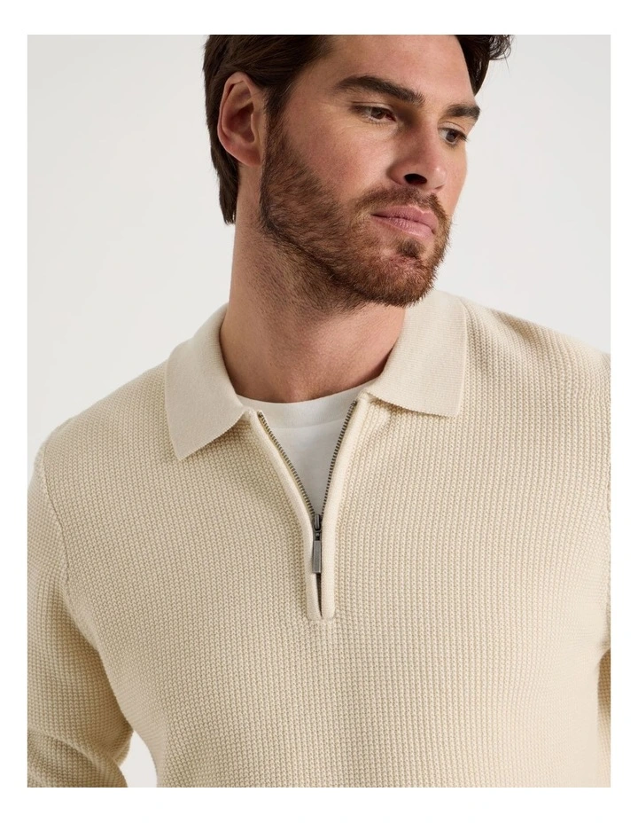 Waffle Knit Quarter Zip Sweater in Ecru image 2