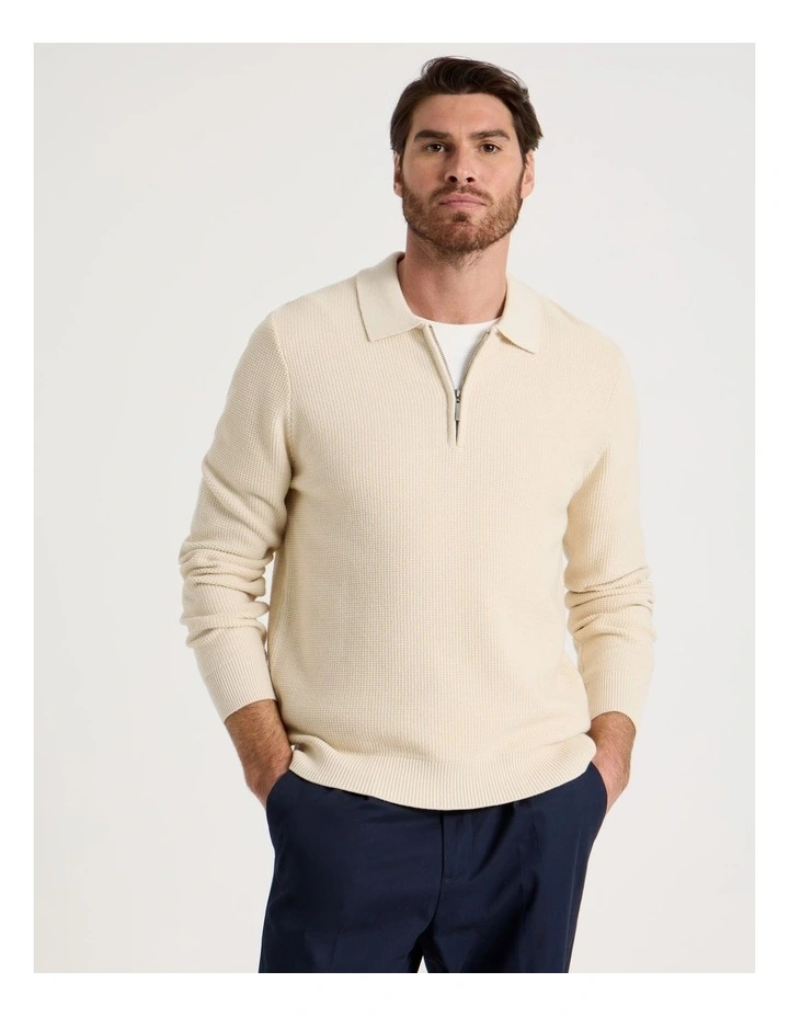 Waffle Knit Quarter Zip Sweater in Ecru image 3