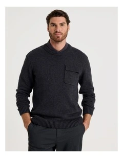 Nep Yarn Knit Patch Pocket Sweater in Charcoal