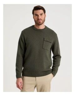 Nep Yarn Knit Patch Pocket Sweater in Olive
