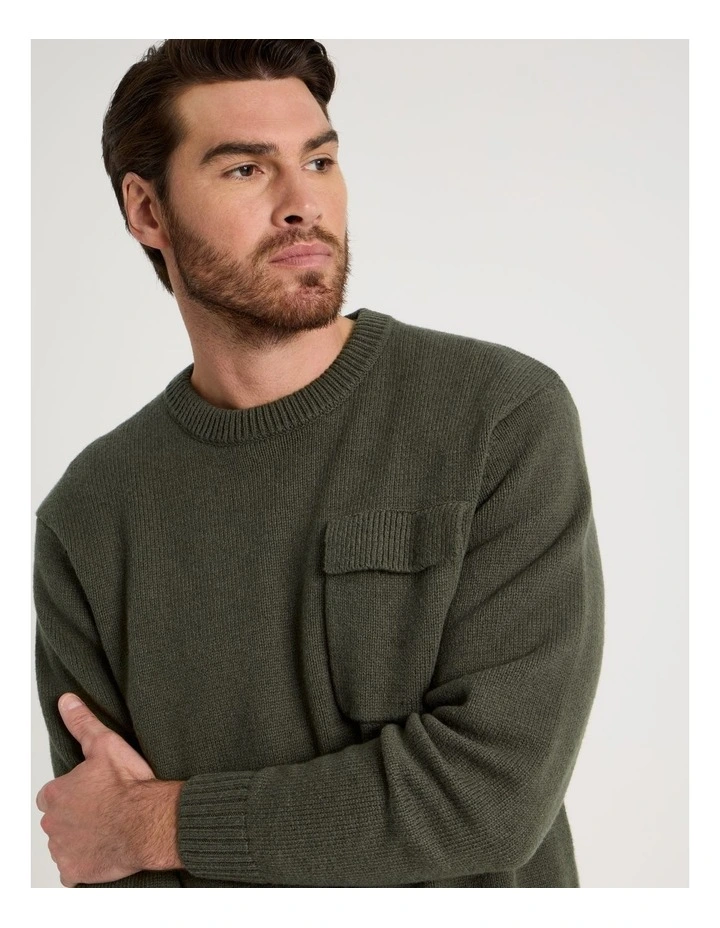 Nep Yarn Knit Patch Pocket Sweater in Olive image 3