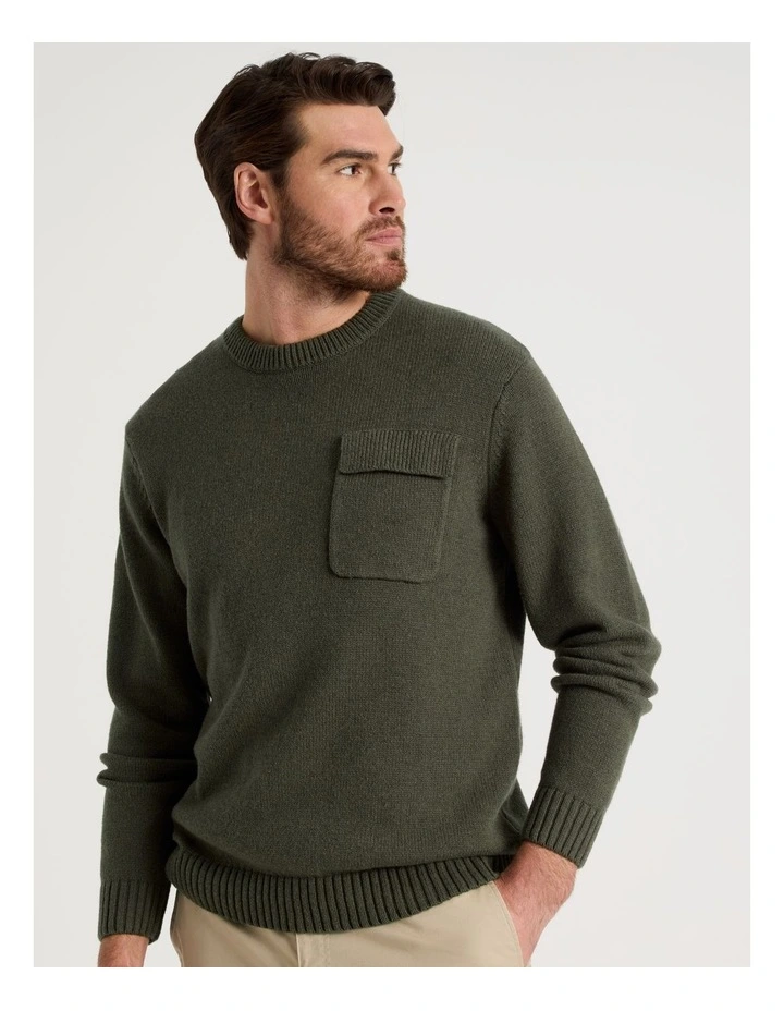 Nep Yarn Knit Patch Pocket Sweater in Olive image 4